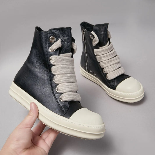 Rick Owen Black Leather High Top Shoe Jumbo Laces