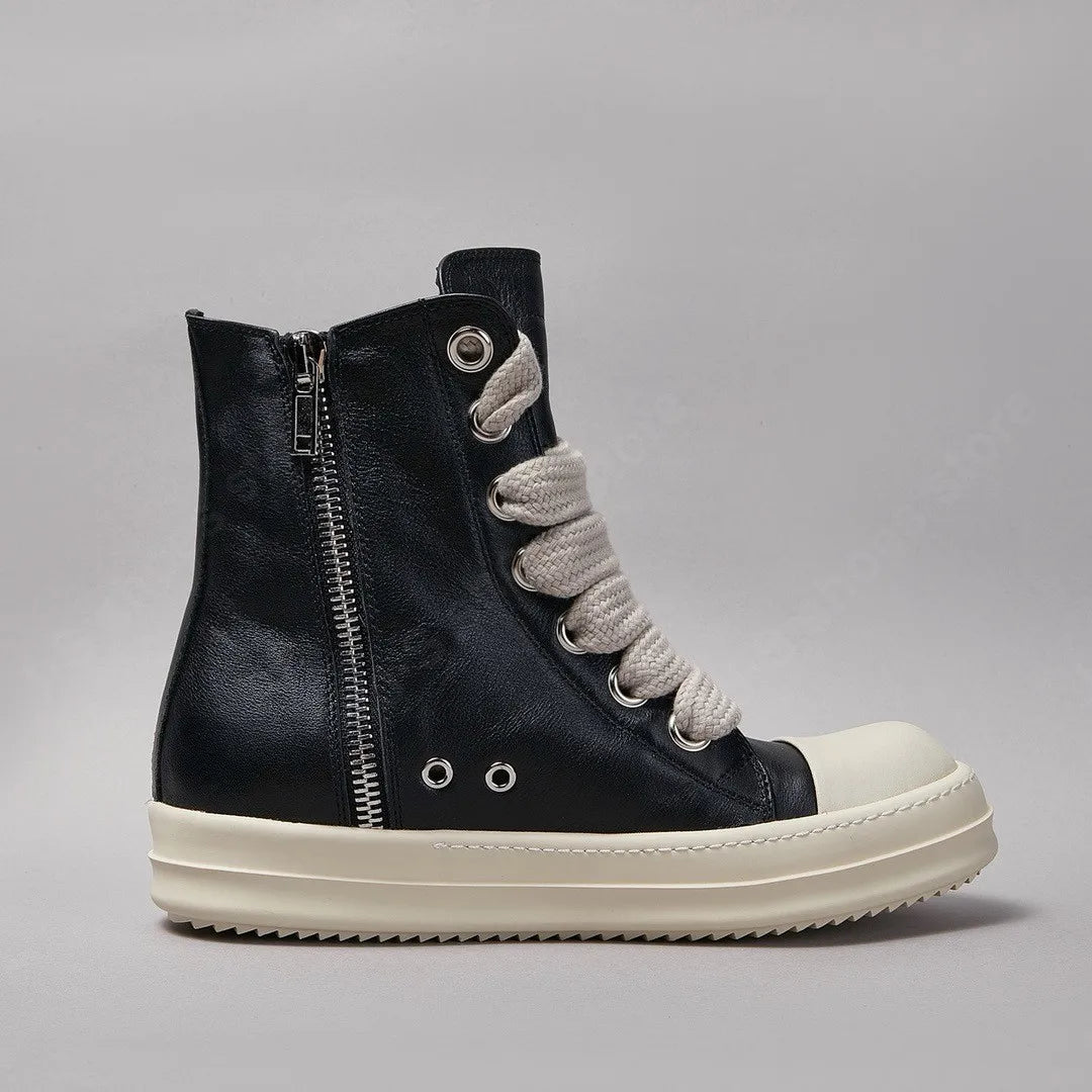 Rick Owen Black Leather High Top Shoe Jumbo Laces